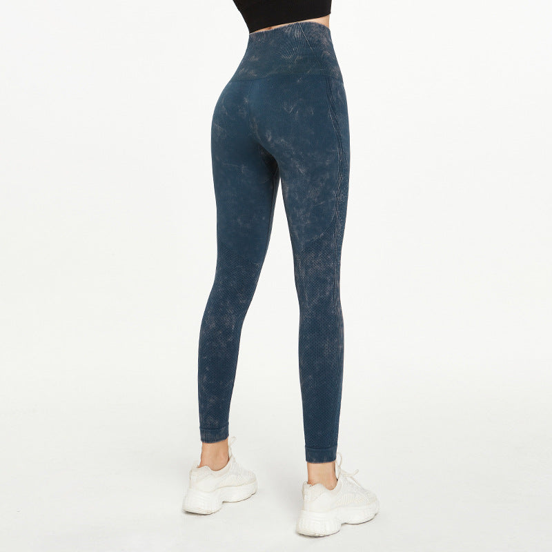 Women Retro Imitation Denim Stone Washed Yoga Pants High Waist Elastic Running Fitness Tight Sports Pants