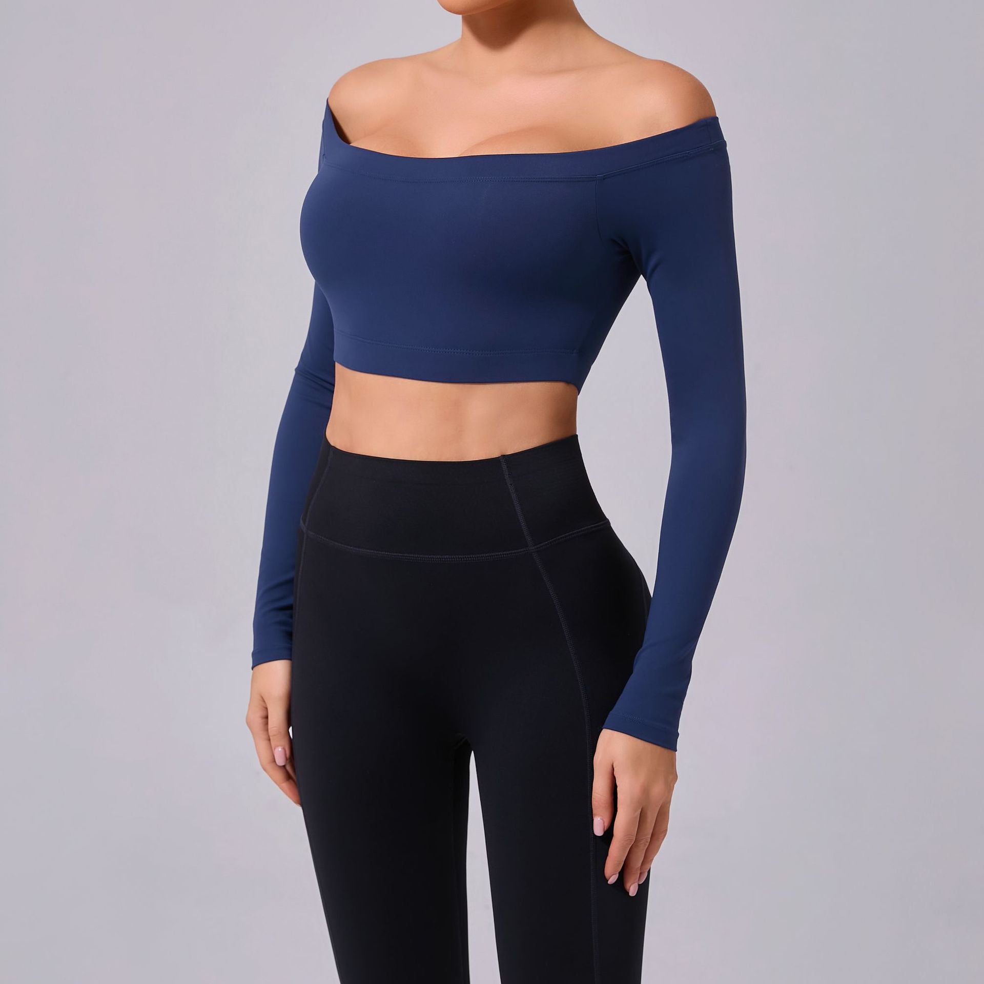 Camiseta de manga larga con hombros descubiertos para mujer, ropa de yoga cepillada, ajustada, para fitness, para deportes al aire libre, para correr