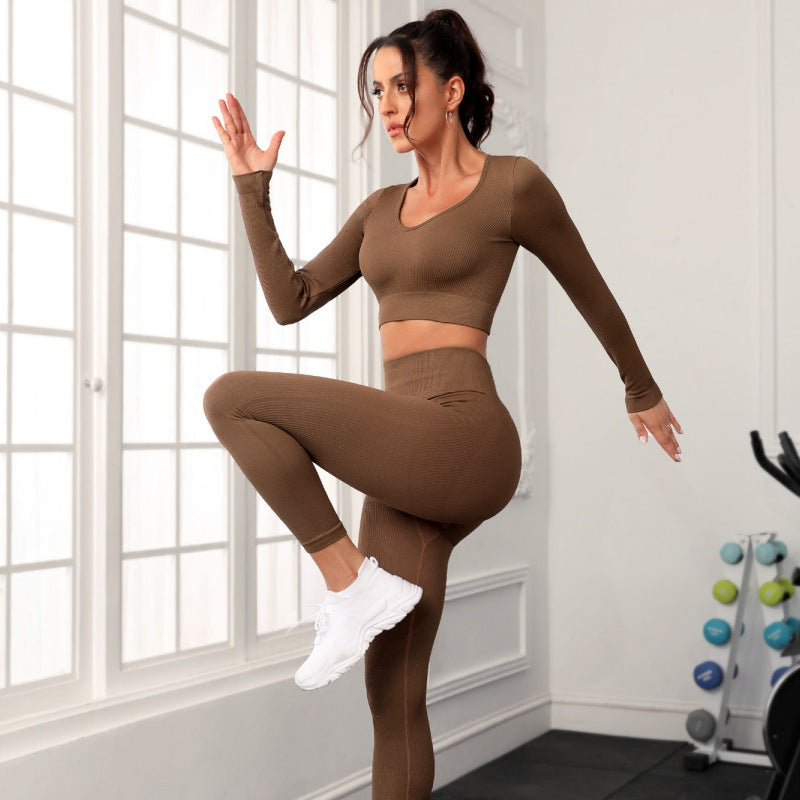 Seamless Knitted Yoga Clothes Long Sleeved Trousers Two Piece Set Moisture Wicking Quick Drying Breathable Fitness Sportswear