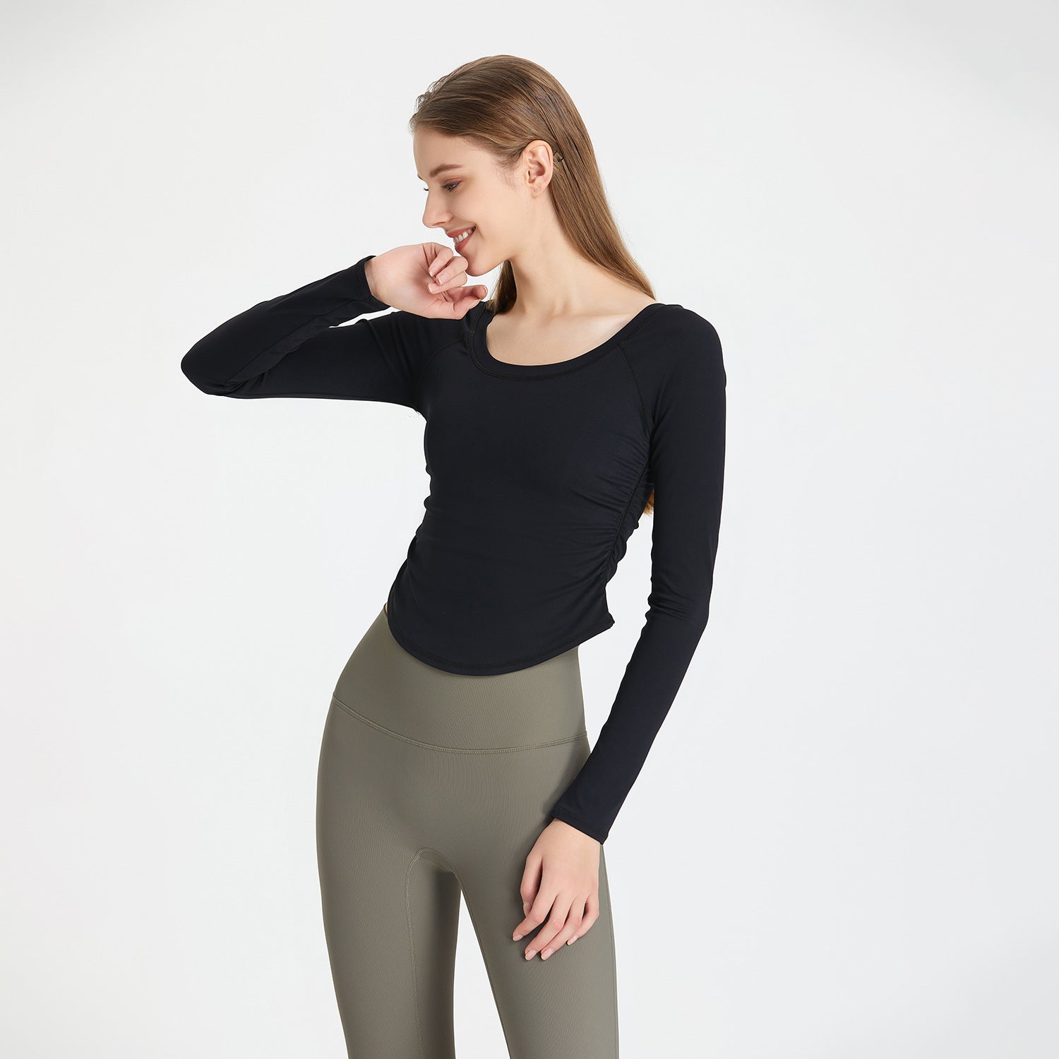 Top de yoga plisado con tacto nude para mujer, ropa de entrenamiento de secado rápido, elástico, ajustado, deportivo, de manga larga