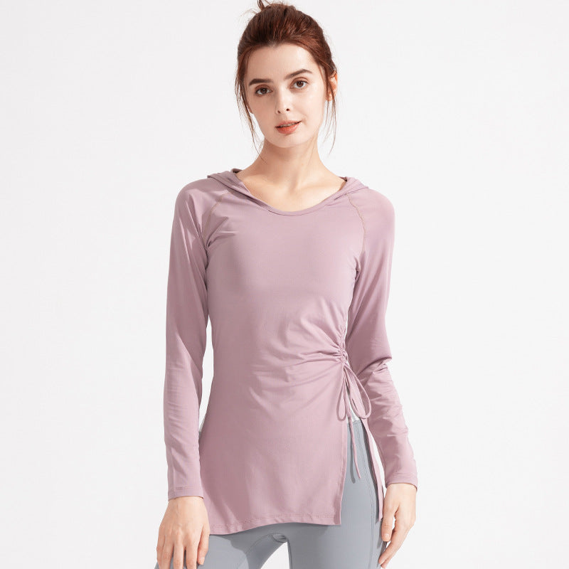 Ropa de yoga para mujer, ropa de entrenamiento, ropa de secado rápido, top deportivo con capucha, manga larga, corte ajustado, para aeróbicos y adelgazamiento.