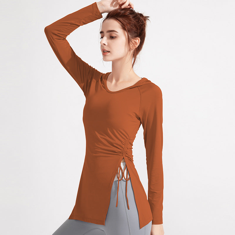 Ropa de yoga para mujer, ropa de entrenamiento, ropa de secado rápido, top deportivo con capucha, manga larga, corte ajustado, para aeróbicos y adelgazamiento.