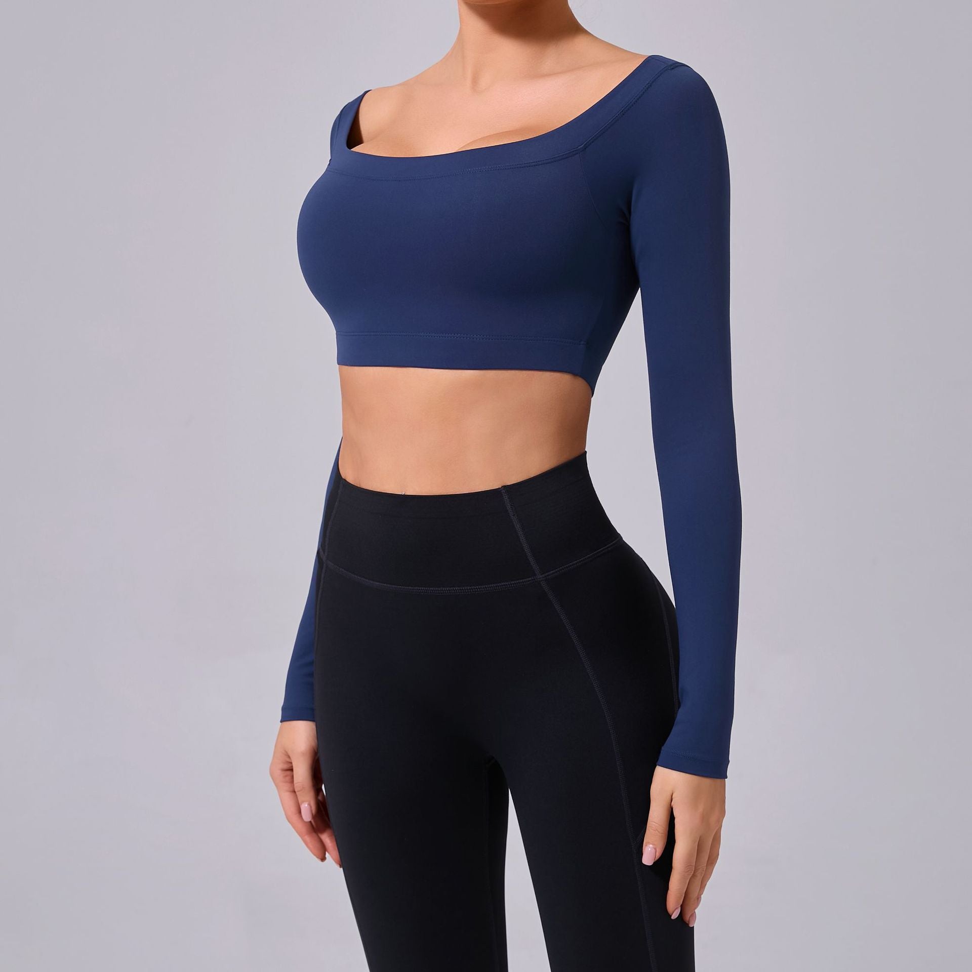 Camiseta de manga larga con hombros descubiertos para mujer, ropa de yoga cepillada, ajustada, para fitness, para deportes al aire libre, para correr