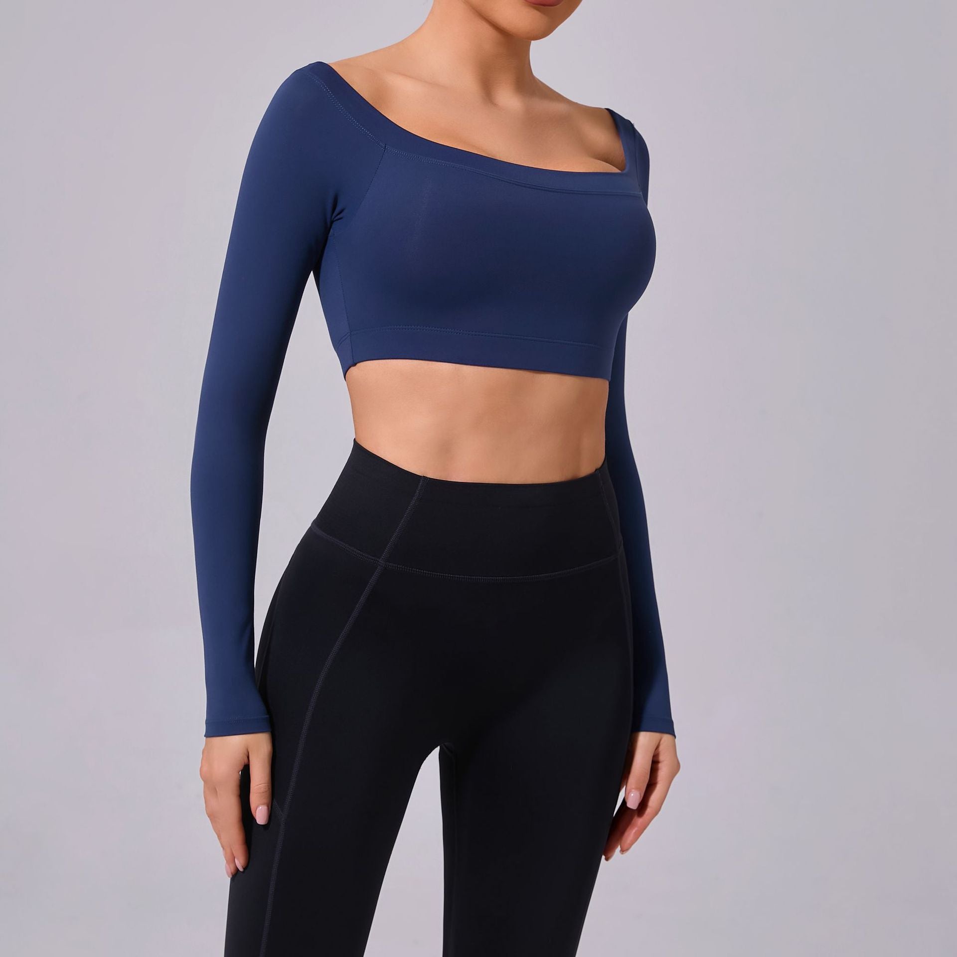 Camiseta de manga larga con hombros descubiertos para mujer, ropa de yoga cepillada, ajustada, para fitness, para deportes al aire libre, para correr