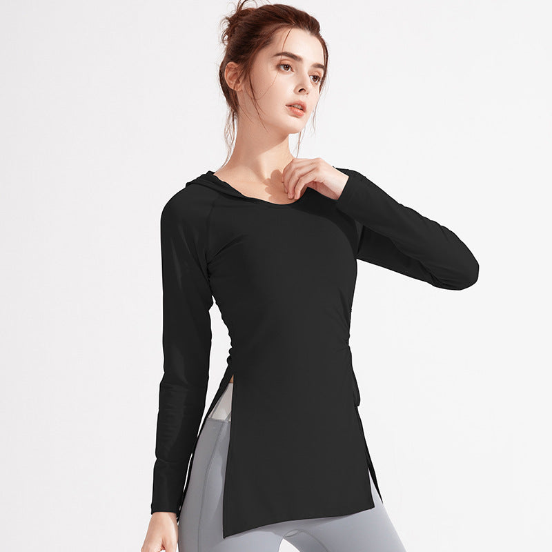 Ropa de yoga para mujer, ropa de entrenamiento, ropa de secado rápido, top deportivo con capucha, manga larga, corte ajustado, para aeróbicos y adelgazamiento.