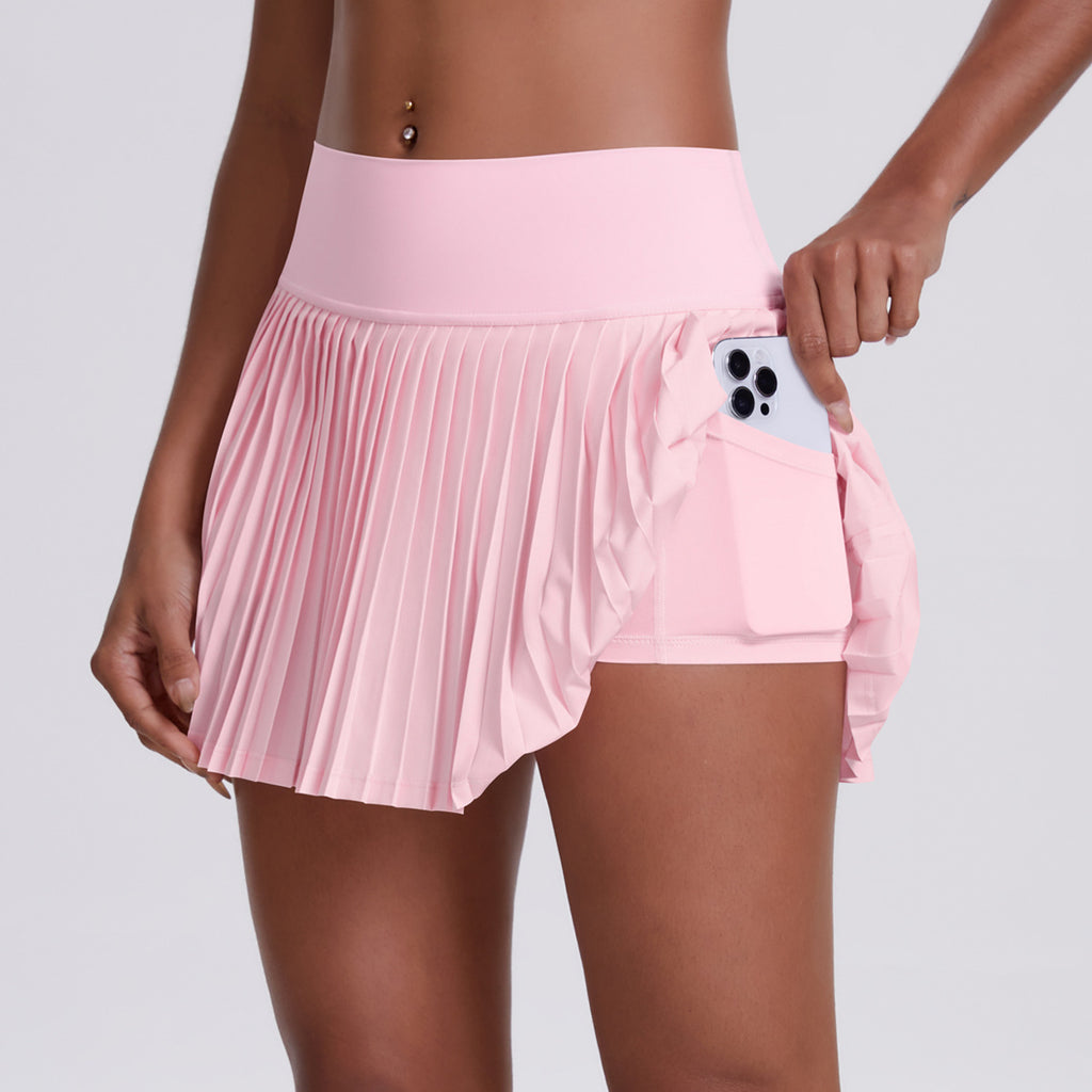 Internet Celebrity Pleated Tennis Skirt Sports Short Skirt Double Layer Anti Exposure Side Pocket Three Points Sports Culottes Fitness Short Skirt for Women