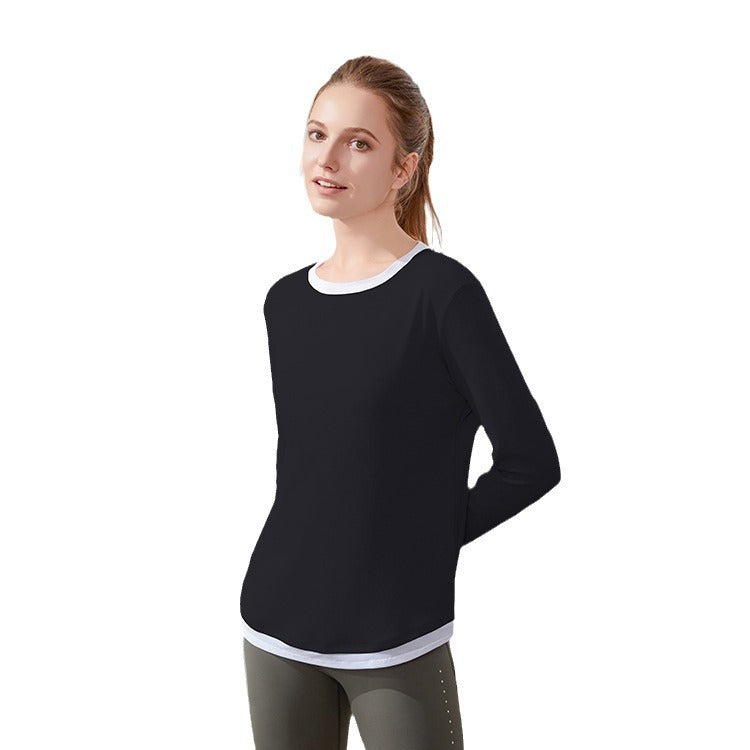Top deportivo de dos piezas de imitación de color a juego de manga larga para mujer, cuello redondo, ropa de entrenamiento holgada, ropa de celebridad de Internet, camiseta de yoga de secado rápido