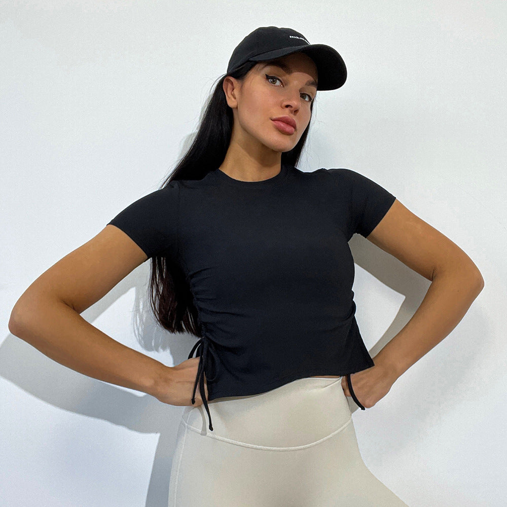 Camiseta de verano sexy de nailon transpirable con cordón ajustable y cuello redondo de manga corta para mujer