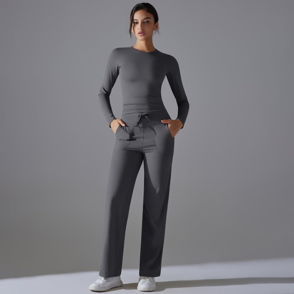 Conjunto de pantalones de yoga de manga larga, cómodos y resistentes, con bolsillos, para correr, con cordón y pierna ancha.