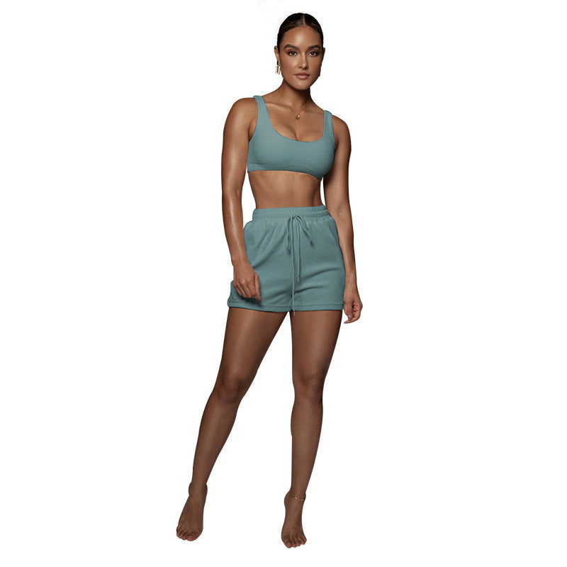 Conjunto deportivo informal de dos piezas con cordón y camiseta sin mangas corta de color liso de verano para mujer