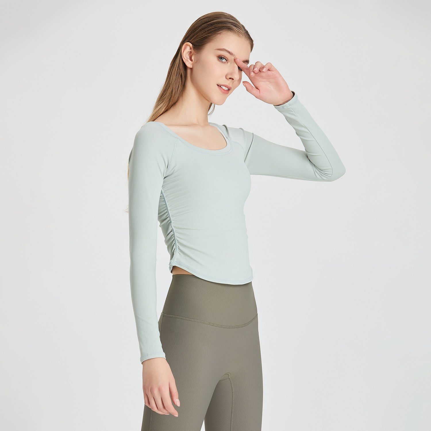 Top de yoga plisado con tacto nude para mujer, ropa de entrenamiento de secado rápido, elástico, ajustado, deportivo, de manga larga