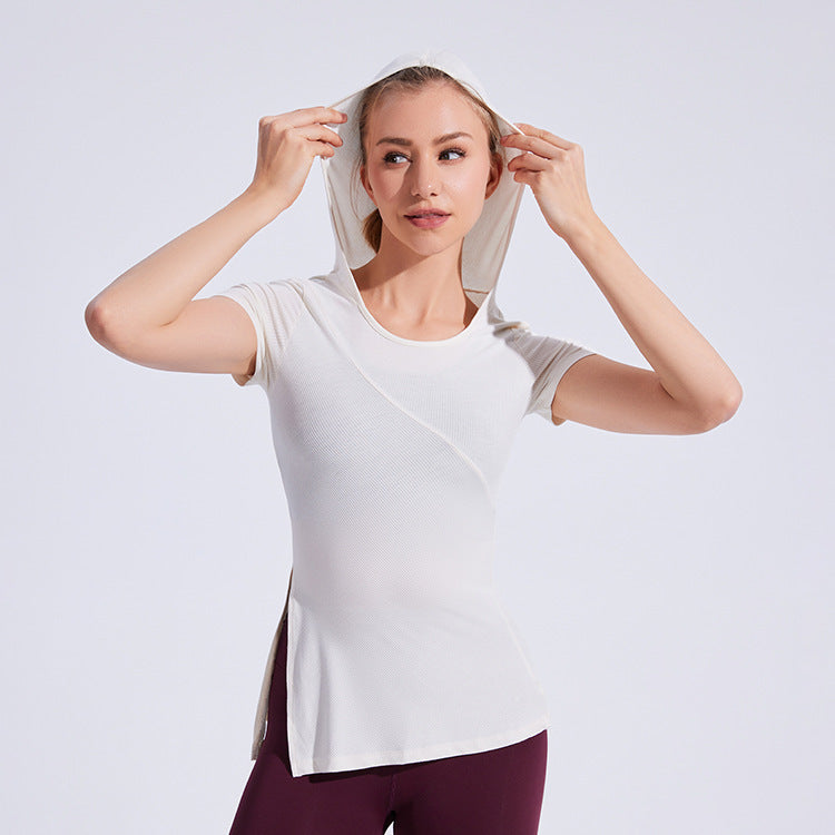 Camiseta deportiva ajustada con capucha y abertura lateral para mujer, ropa de yoga ajustada, camiseta informal de manga corta para fitness y running.