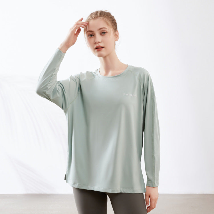 Camiseta holgada de manga larga con estampado de letras para mujer, ropa de yoga holgada, deportiva, con abertura en el dobladillo, informal, larga, para entrenamiento