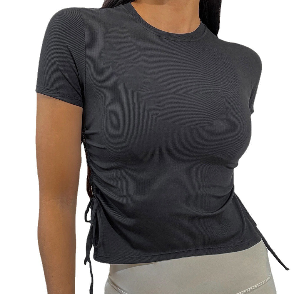 Camiseta de verano sexy de nailon transpirable con cordón ajustable y cuello redondo de manga corta para mujer