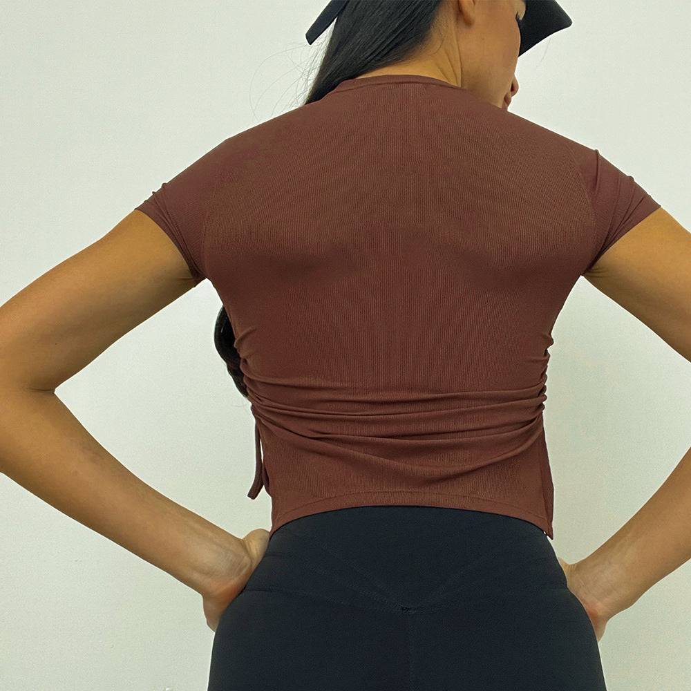Camiseta de verano sexy de nailon transpirable con cordón ajustable y cuello redondo de manga corta para mujer
