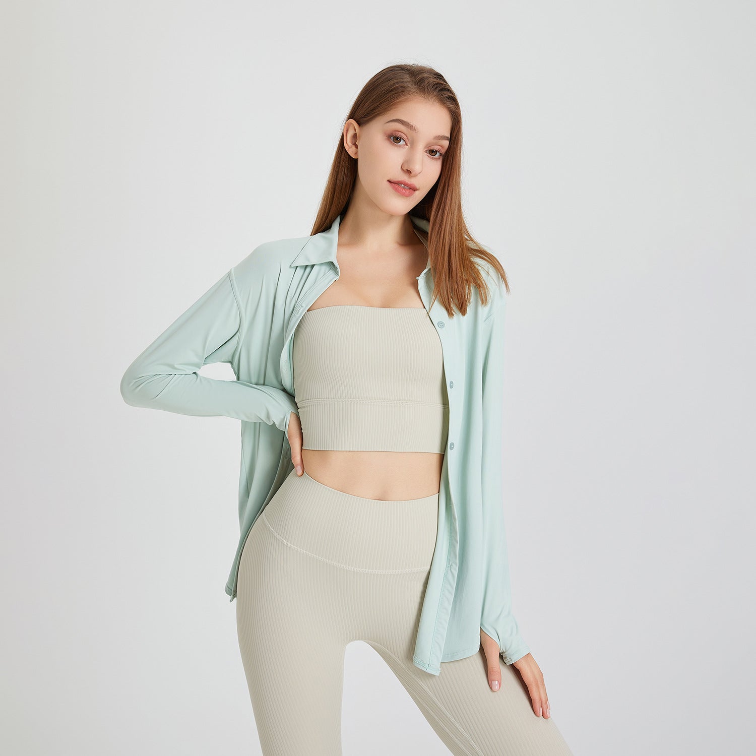 Camisa deportiva fresca con protección solar para mujer, ropa de yoga larga y holgada, blusa de manga larga de secado rápido para entrenamiento de verano
