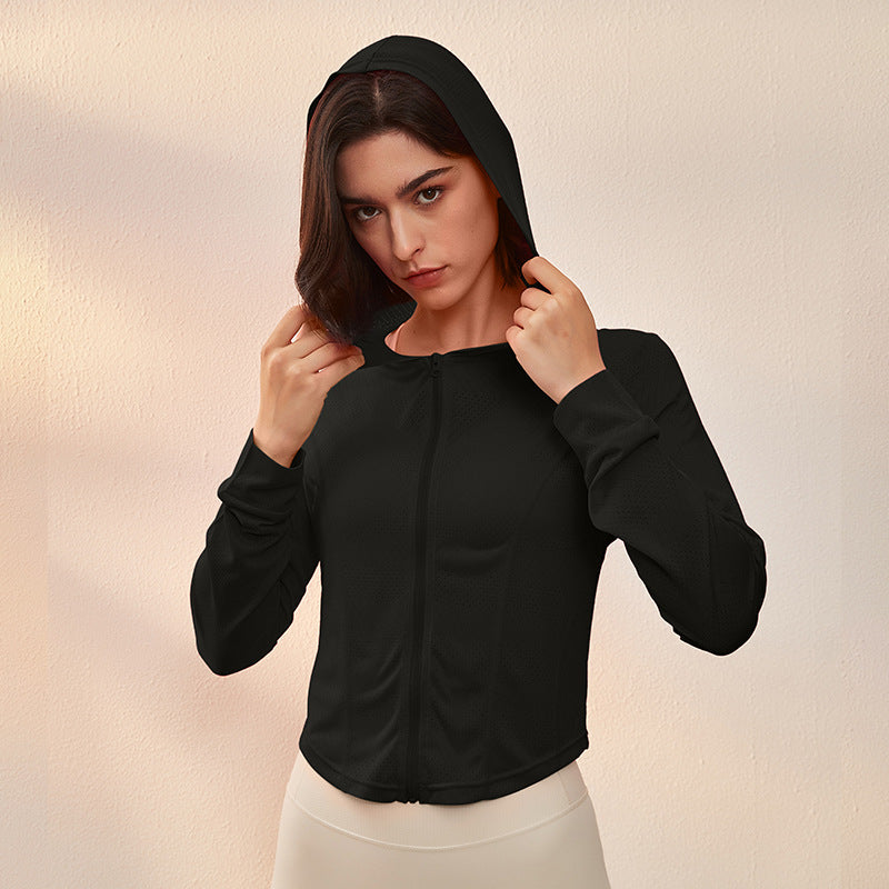 Chaqueta deportiva para mujer, de secado rápido, ajustada, fina, con capucha, para correr, yoga, manga larga, para entrenamiento, protección solar de verano