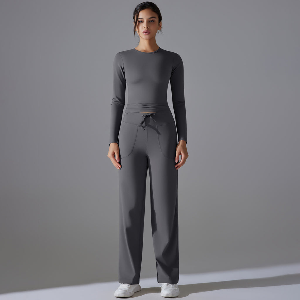 Conjunto de pantalones de yoga de manga larga, cómodos y resistentes, con bolsillos, para correr, con cordón y pierna ancha.