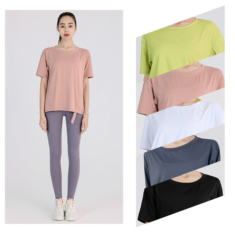 Ropa de yoga para mujer, primavera verano, manga corta, secado rápido, camiseta adelgazante, ropa de entrenamiento de celebridades de Internet, top deportivo holgado para correr por la mañana.