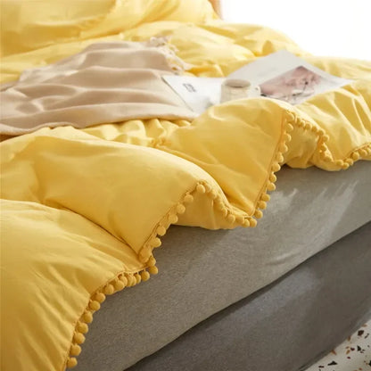 Solid Color Soft Washed Duvet Cover 3 Pieces Set Pillowcase Bedding Set for Twin Full Queen King Size Cute Pom-pom Decoration