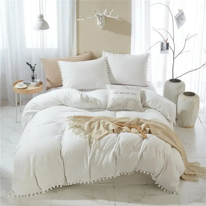 Solid Color Soft Washed Duvet Cover 3 Pieces Set Pillowcase Bedding Set for Twin Full Queen King Size Cute Pom-pom Decoration