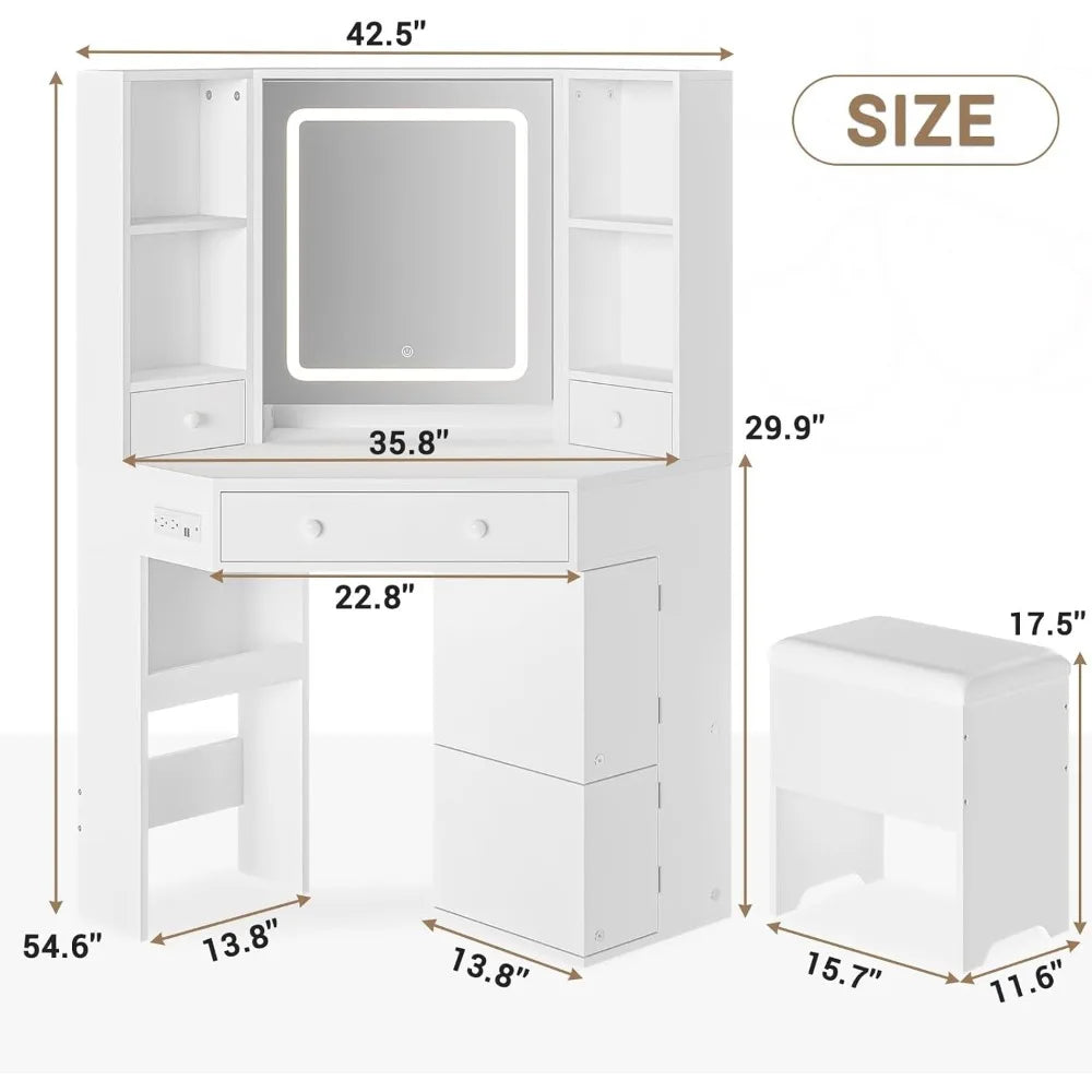 Corner Dressing Table with Light and Charging Station, Dressing Table Set with Mirror and Storage Bench
