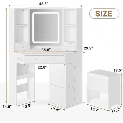Corner Dressing Table with Light and Charging Station, Dressing Table Set with Mirror and Storage Bench