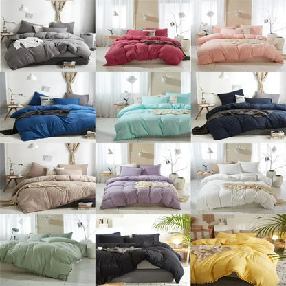 Solid Color Soft Washed Duvet Cover 3 Pieces Set Pillowcase Bedding Set for Twin Full Queen King Size Cute Pom-pom Decoration
