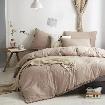 Solid Color Soft Washed Duvet Cover 3 Pieces Set Pillowcase Bedding Set for Twin Full Queen King Size Cute Pom-pom Decoration