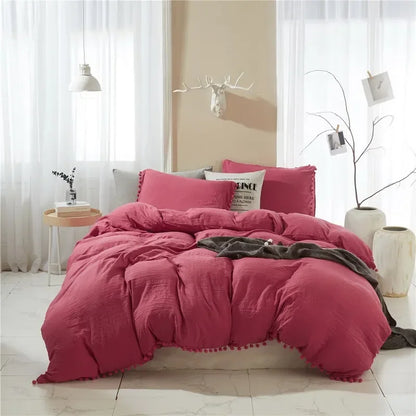 Solid Color Soft Washed Duvet Cover 3 Pieces Set Pillowcase Bedding Set for Twin Full Queen King Size Cute Pom-pom Decoration