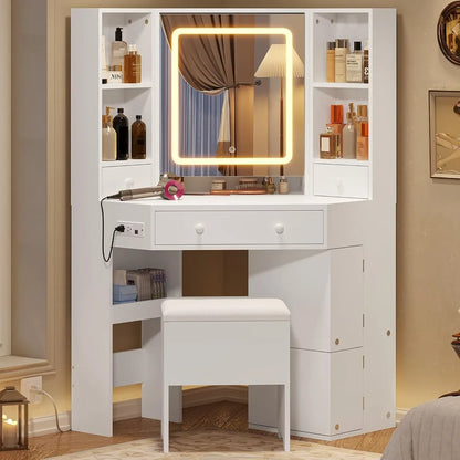 Corner Dressing Table with Light and Charging Station, Dressing Table Set with Mirror and Storage Bench
