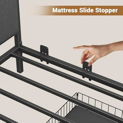 Modern Corner Bed Frame with LED Lights and Charging Station, Double Bed with Storage Space