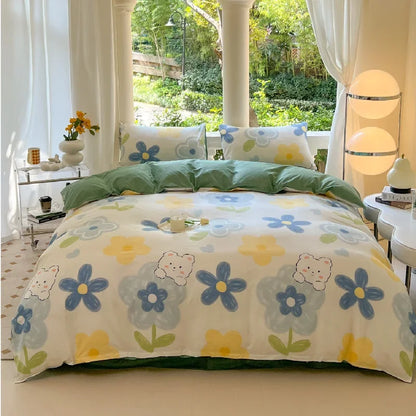 Kawaii Bear Printed Bed Set Floral Duvet Cover Pillowcase Bedding Set Cute Dog Bed Linen Sheet Quilt Cover Full Queen King Size