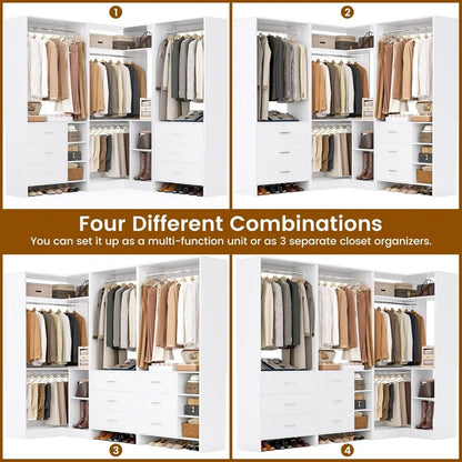 Closet System with 3 Sets, 86.8" Closet Organizer System with 6 Drawers & 4 Hanging Rods, Wardrobe