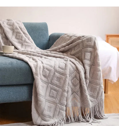 Knitted Blanket with Tassel  Fashional Jacquard Small Blanket Diamond Shaped American Casual Blanket For Home Bed Travel Nap