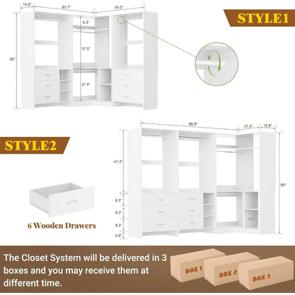 Closet System with 3 Sets, 86.8" Closet Organizer System with 6 Drawers & 4 Hanging Rods, Wardrobe