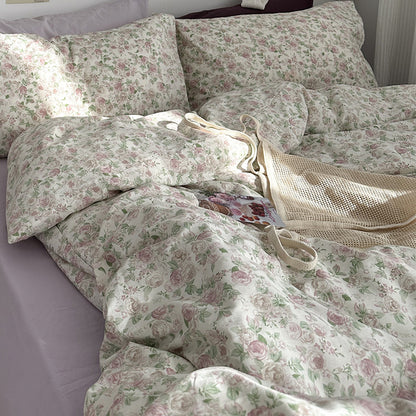 Juego de cama de algodón con estampado floral de jardín, 4 piezas, para niña, de verano