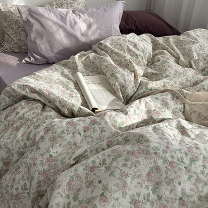 Juego de cama de algodón con estampado floral de jardín, 4 piezas, para niña, de verano